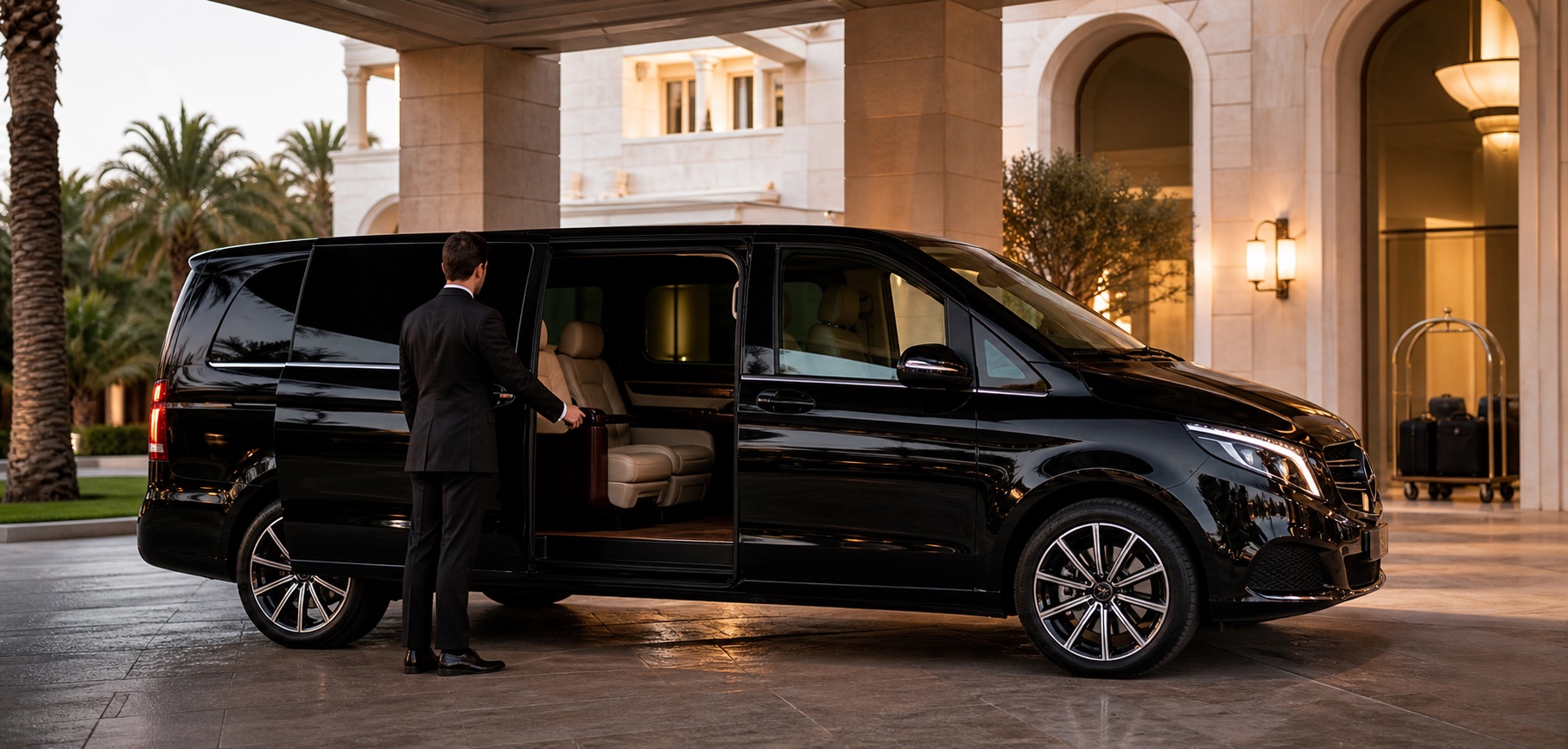 Professional chauffeur opening a luxury black executive van