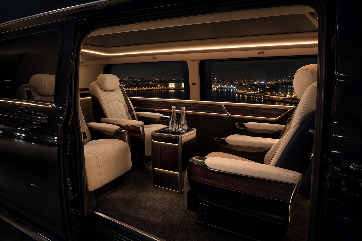 Cream leather executive seating inside a luxury passenger van