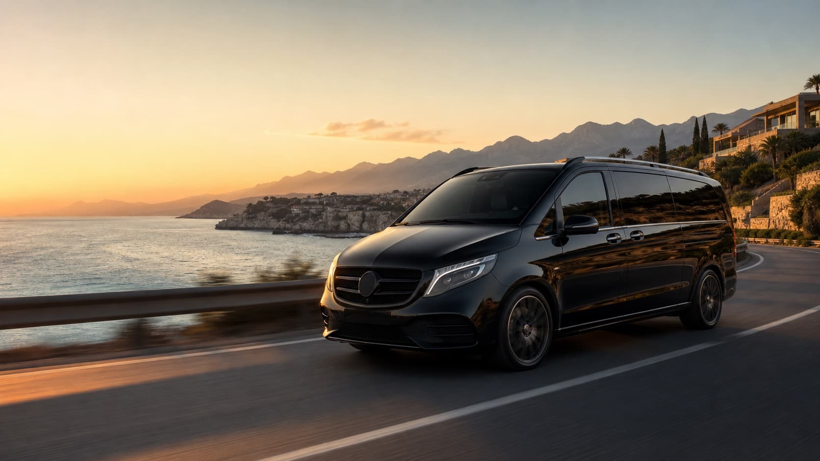 Luxury black executive van driving along Antalya's coastline