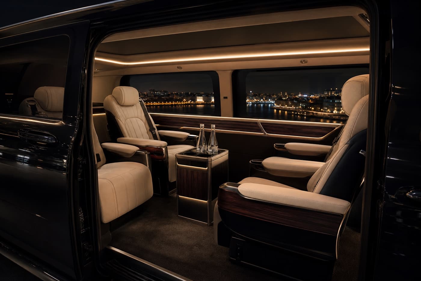 Cream leather executive seating inside a luxury passenger van